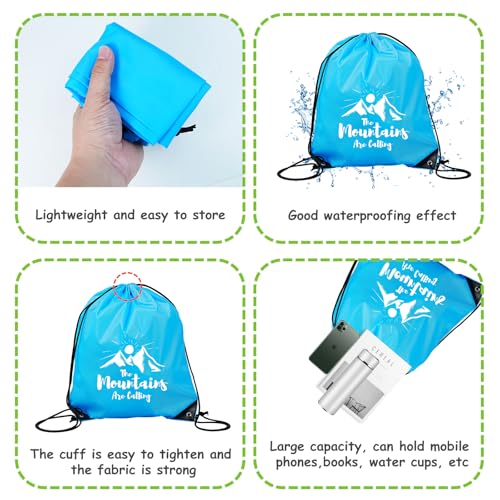 6 Pack Thickened Material Drawstring Bags for Hiking, “The Mountains Are Calling” Printed, Lightweight Nylon Gym Sackpacks, Portable Sports Backpacks for Travel, Blue drawstring backpack4