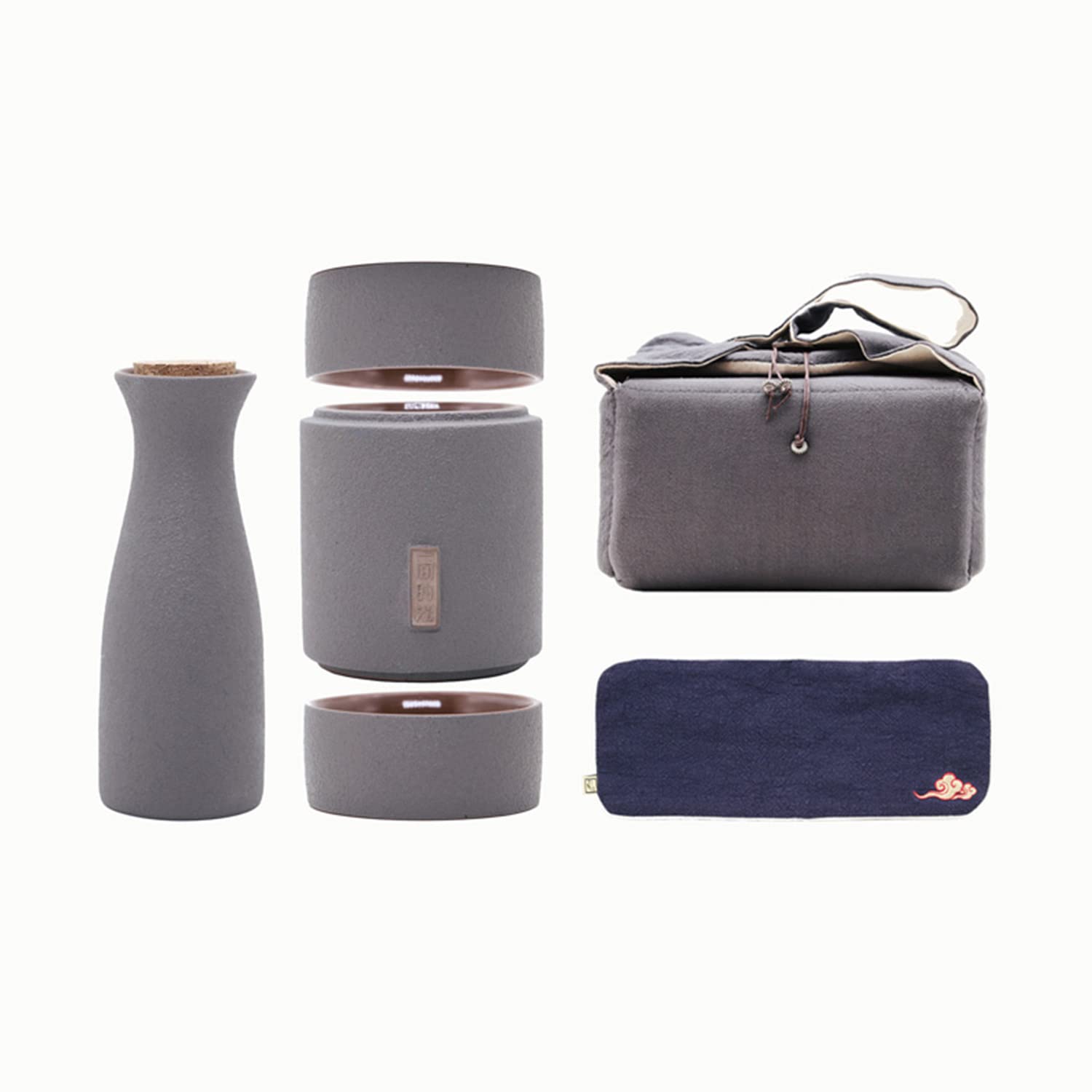 Set da 4 pezzi per sake, set di tazze per sake in ceramica grigia tradizionale retrò giapponese, con 2 tazze per sake, 1 pentola riscaldante e 1 pentola per sake, design elegante, miglior regalo per