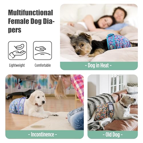 Image of wegreeco Female Dog Diapers, Washable Reusable Pet Puppy Doggie Diapers for Small Medium Large Female Dogs in Heat Period, Doggy Period Panties, 5 Pack, Small, Floral Pattern