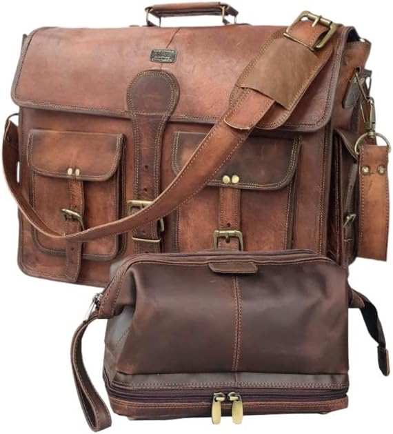 18" Messenger Laptop Briefcase Bag For Men With Vintage Leather Toiletry Dopp Kit