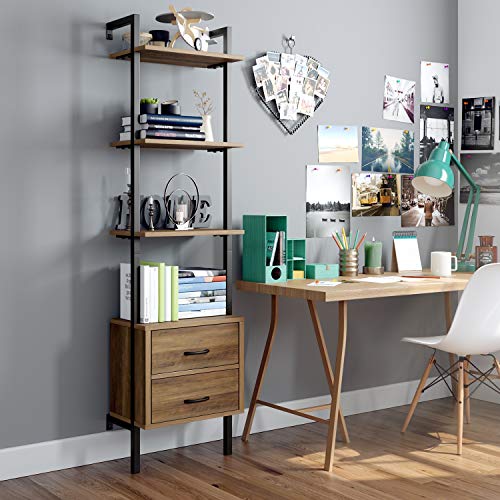 HOMECHO Ladder Bookshelf, 4-Tier Ladder Bookcase with 2 Fabric Drawers, Tall Display Shelves Storage Cabinet for Home Office, Wood and Metal Frame, Brown