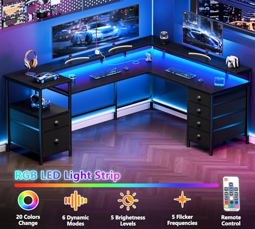 Image of Furologee 66 inch Reversible L Shaped Gaming Desk with 6 Drawers & Printer Storage Shelves, Corner Computer Desk with Power Outlets & LED Lights, Home Office Table with Monitor Stand, Black