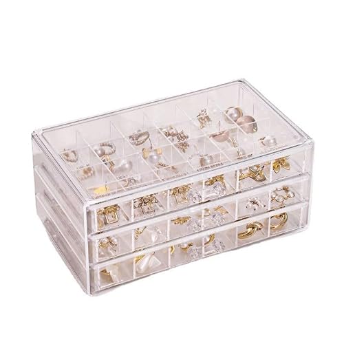Qainjg Clear Acrylic Earring Storage Organiser With 3 Drawers - Jewelry Box For Rings, Earrings, Necklaces, Makeup - Adjustable Earring Holder And Cosmetic Organizer (Clear)