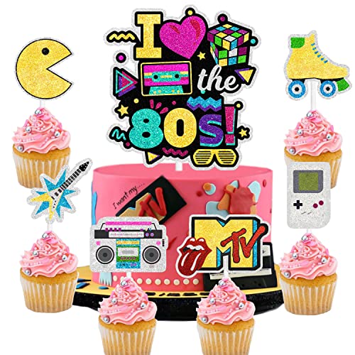 Together Back To The 80s Cake Topper set - Retro Throwback Theme I love 80s Honeycomb Roller disco radio Happy Birthday Hip hop Party Decorations - One Cake Topper and 6 pcs Cupcake Toppers
