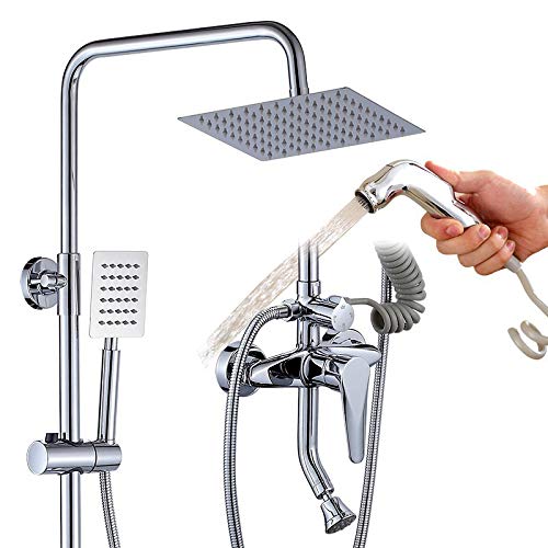 Quadrat Duschset, ZeitgenöSsisch Duschsystem Badezimmer Vier Funktion MessingköRper 8" Duschkopf + Handbrause + Spritzpistole + Tub Spout Wasserhahn +