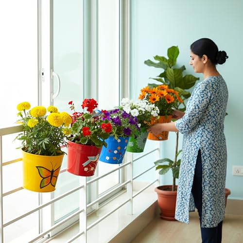Image of Urban Plant Railing Hanging Metal Planter Pot | Gamla For Balcony | Bucket Planter For Home Decor | Pot For Indoor & Outdoor - Pack Of 5 (Floral),Multicolor