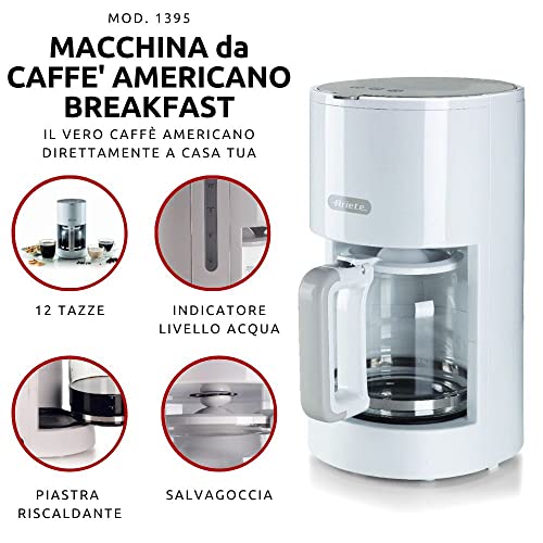 Image of Ariete Breakfast 1394 filter coffee maker by Delonghi, American coffee maker, 2 Cups, Water Level Indicator, Heating Plate, Washable Filter and Filter Holder, Drip Protection (White)