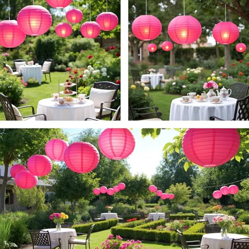 Image of Rose Red Chinese Paper Lanterns with LED Lights, 10-Pack 10inch | Hanging Lights for Wedding & Anniversary, Birthday Decorations, Ceiling Decor & Home Party
