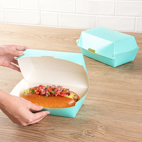 Restaurantware Bio Tek 6.7 x 3.5 x 3.5 Inch Clamshell Food Containers 100 Disposable Sandwich Containers - Hinged Lid Tab-Lock Closure Turquoise Paper Hot Dog Containers Durable Greaseproof by Restaurantware - Image 5