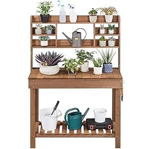 Topeakmart Potting Bench Germination Table - Wood Garden Work Bench Flatform w/Display Rack/Practical Storage Prganizer for Backyard, Patio and Balcony, Brown Topeakmart Potting Bench Germination Table Wood Garden Work Bench Flatform wDisplay RackPractical Storage Prganizer for Backyard Patio and Balcony Brown