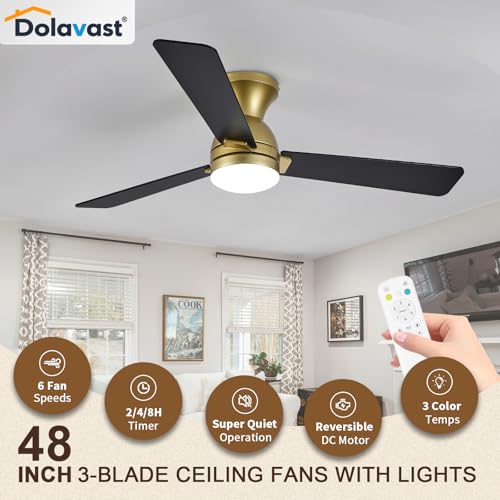 Dolavast Ceiling Fans with Lights, 48 inch Low Profile Ceiling Fan with Light and Remote Control, Flush Mount, Reversible, 3CCT, Dimmable LED, Noiseless, Gold Ceiling Fan for Bedroom, Dining Room by Dolavast - Used condition - Image 2