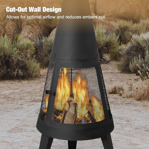 Clarfey Chiminea Outdoor Fireplace, Metal Wood Burning Fire Pit with Log Grate, Mesh Screen, Modern Fireplace for Patio, Backyard, Garden, Black