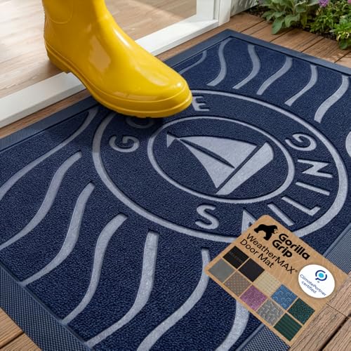 GORILLA GRIP WeatherMAX Door Mat, Indoor Outdoor Use, 29x17, Navy Sailboat