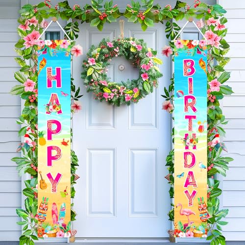 Image of Avezano Summer Hawaiian Birthday Banner Hawaiian Birthday Party Decorations Tropical Aloha Door Banner Luau Decorations Indoor Outdoor