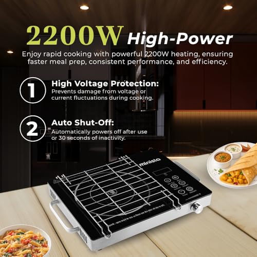 Image of Minista 2200W Infrared Induction Cooktop Stove With Grill Rack, Suitable for All Cookware, Premium Glass Top,Touch Control, Digital Display,Timer, 4 cooking modes, Auto Shut Off, 1 Year Warranty Black