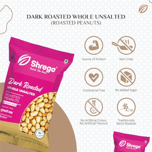 Image of Shrego Dark Roasted Whole Peanuts Unsalted 180g | Vacuum Packed | Ready-to-Use Roasted Peanuts | No Added Salt | Crunchy Protein Snack