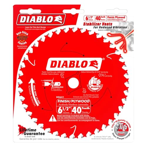 Image of Diablo High-Performance Finish Trim Saw Blade for Wood - 6-1 /2 inch x 40-Teeth, Tico Carbide - D0641X | 6-1 /2 Diameter, Tico Hi-Density Carbide Tips, Atb Grind, 5 /8 Arbor, 059 Kerf, Perma-Shield Coating