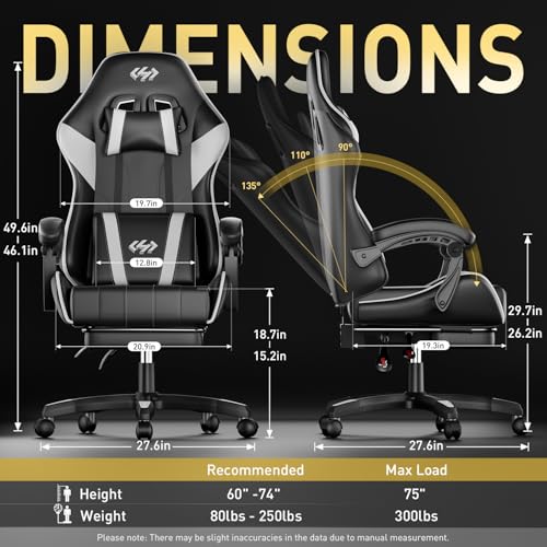 Image of HLDIRECT Gaming Chair, Ergonomic Computer Office Chair with Lumbar Support Footrest Headrest, Adjustable Height & Backrest Angle Video Gamer Chair, PU Leather, 360 Swivel, Adult (Black&White)