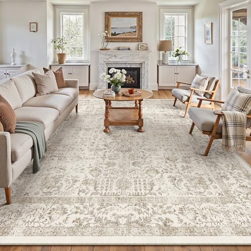 Light Brown Area Rug 10x12 Machine Washable Large Vintage Living Room Distressed Non Slip Carpet Traditional Indoor Bedroom Retro Floral Accent Throw Rug for Office Kitchen Dining Room