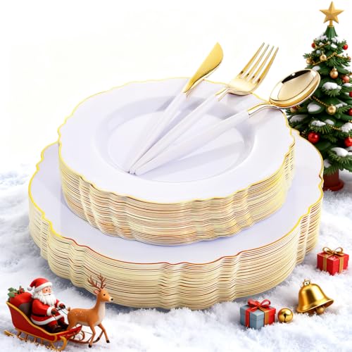 WDF 30Guest Gold Plastic Plates - High-end Baroque Design - 10.25&7.5in Wedding White and Gold Plates Disposable for Christmas Parties/Wedding WDF 30Guest Gold Plastic Plates - High-end Baroque Design - 10.25&7.5in Wedding White and Gold Plates Disposable for Christmas Parties/Wedding