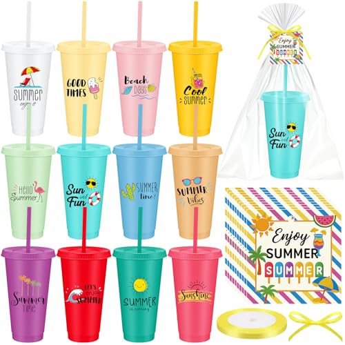 Ferrochef 24 Sets End of The Year Gifts for Students Summer Plastic Tumblers with Lids Straws Bulk 24 oz Reusable Drink Cup with Card Bag & Ribbon Summer Gift Graduation Beach Party Exchange Prize
