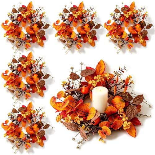 Image of 6 PCS Fall Candle Ring Wreaths Artificial Autumn Eucalyptus Candle Wreath with Leaves Berries Flowers Thanksgiving Farmhouse Harvest Wreath Candle Holder for Pillar Candles Table Centerpiece Decor