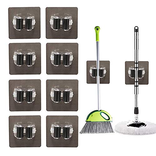 Soporte para escobas Mop, 8 unidades, autoadhesivo, soporte para escobas, soporte de pared, organizador para cocina, baño, jardín, garaje, sin taladrar, color negro