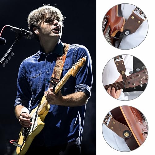 Image of Nefelibata Guitar Strap,Crazy Horse Leather Jacquard Embroidery Cotton Guitar Straps for Bass, Electric & Acoustic, Best Gifts for Guitarists(Golden Silk Brown Flower)