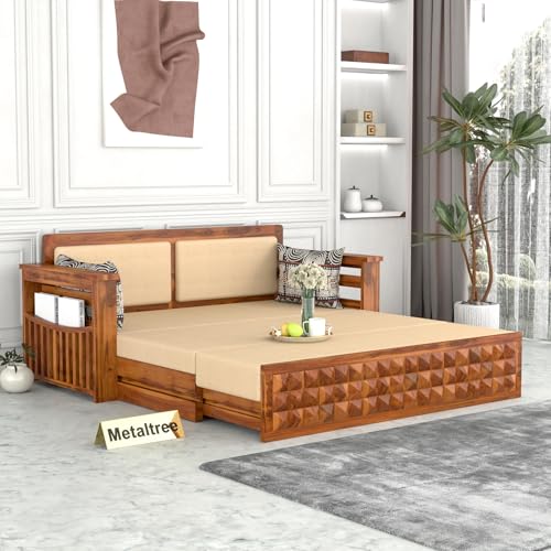 Image of Sheesham Wooden 3 Seater Sofa Cum Bed with Storage - Modern Daybed with Upholstered Backrest | Living Room Convertible Sofa Bed - Wooden Sofa Cum Bed with Mattress (Design 1)