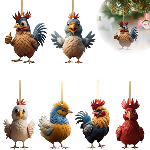 EBbels 6 Stück Weihnachtsbaumschmuck Huhn, Niedlich Weihnachtsbaum Huhn Hängende Ornamente, Acryl Hängende Huhn Dekor Mit Hängenden Seil, Hahn Hängende Anhänger Für Tür Fenster Auto