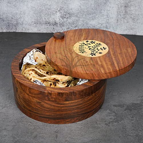 Image of Naayaab Craft Sheesham Wooden Hand Carved Floral Box with Lid, for Chapati, Roti (20 x 20 x 10cm, Brown)