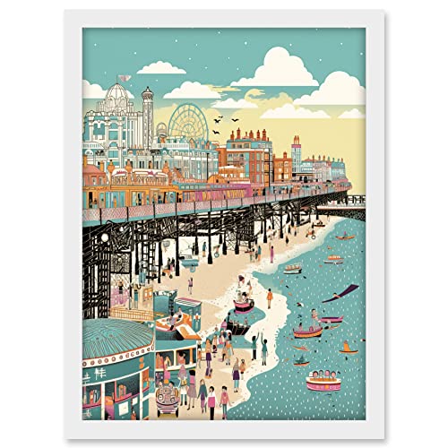 Artery8 Brighton Beach Pier and Sandy Summer Scene Artwork Framed A3 Wall Art Print, Framed White A3, 45.5L x 33W cm