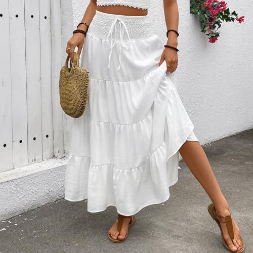 Women Summer High Waist Skirts Casual Elegant Solid Color Bohemian Ruffled A-Line Skirt for Beach Vacation Streetwear2