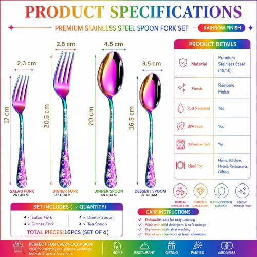 Image of Classic Rainbow 16 Pcs Stainless Steel Cutlery Set for Dining Table, Dishwasher Safe Glossy Flatware (Perfect Spoon Fork Set)