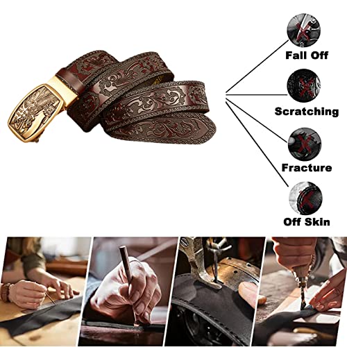 Men Western Cowboy Leather Ratchet Dress Belts,Embossed Belt with Automatic Click Buckle Gold Eagle Head Flag Carved (110cm/waist:36"~38", Brown)4