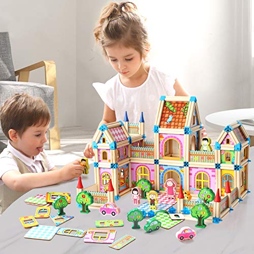 Wooden Building Blocks Set for Kids Toys, Construction Toy and Minifigures, Castle and Farm Building Set, Great Gift for Players Aged 3 and up, New 2020 (268 Pieces)