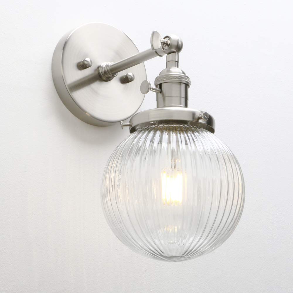 Yosoan Brushed Industrial Ribbed Globe Glass Wall Light Fittings, Switched Wall Sconces Lighting For Kitchen Island Living Room Bedroom (Brushed)