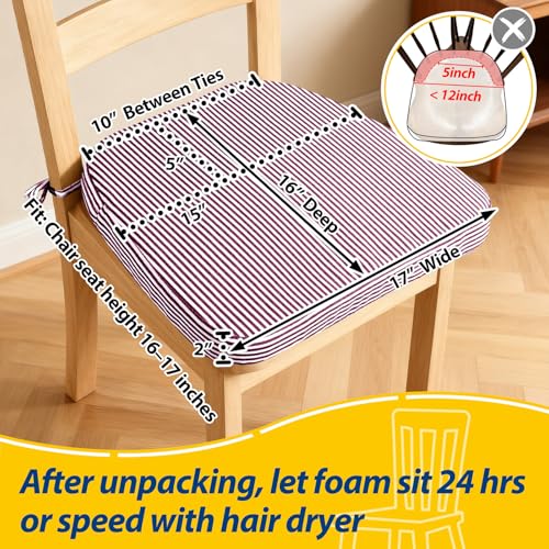 Image of AAAAAcessories D-Shaped Chair Cushions, 2 inch Thick Dining Chair Pads with Ties and Removable, Machine-Washable Cover, 17 inch x 16 inch, Set of 6, Pinstripe Red