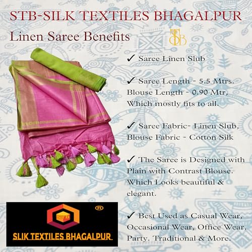 Image of STB-SILK TEXTILES BHAGALPUR Women's Linen Slub Saree With Contrast Blouse Piece