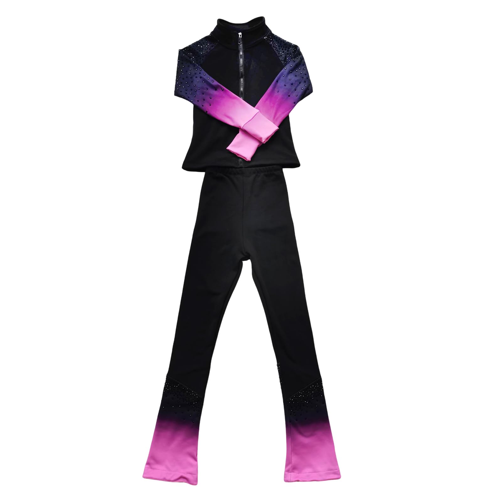 Mädchen Eiskunstlauf Trainingsanzug Farbverlauf Jacke Hose mit Strass-Dekoration Atmungsaktiver Fleece-Stoff Eiskunstlaufbekleidung