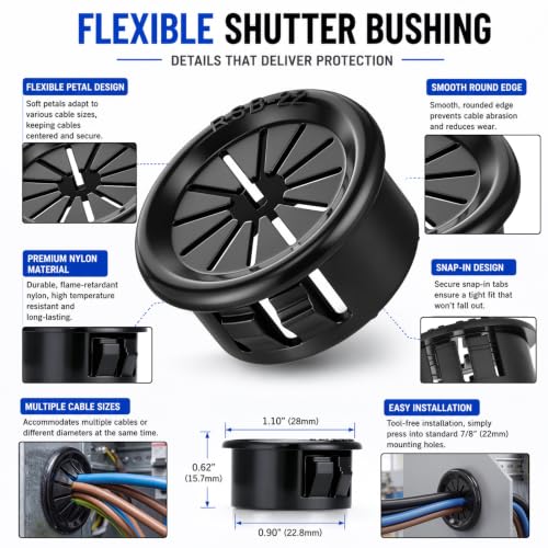 Image of Pangda 250-pack Flexible Shutter Bushings, 7 /8 inch (22mm) Mounting Hole Nylon Wire Grommets, Black Knockout Bushing Protector for 1 /2 inch Electrical Box, Cable Organizer and Management for Conduit & Panels