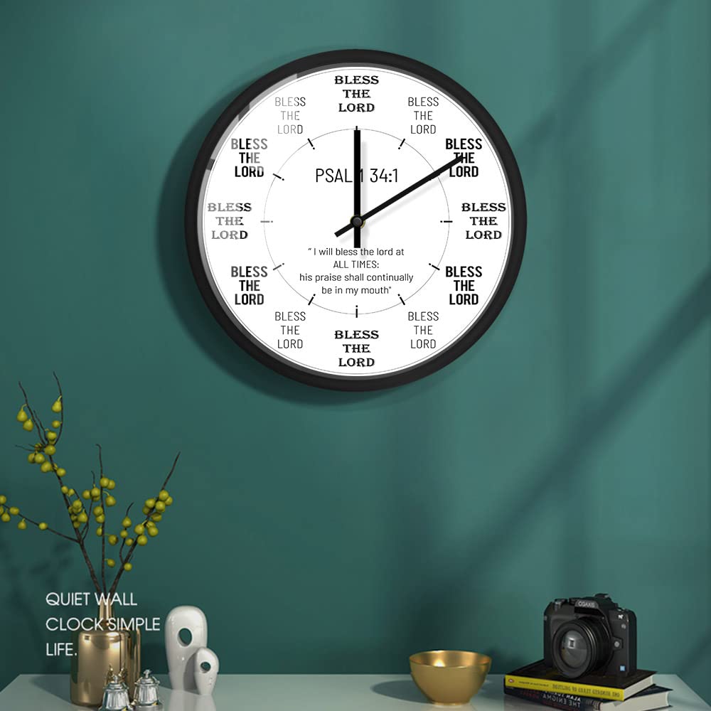 Reloj de pared de metal Salmo 34:2 de 30.5 cm, con versículo bíblico, cita de meditación, cuarzo silencioso, sin tictac, funciona con pilas, para regalos cristianos, dormitorio, sala de