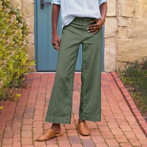 Womens Wide Leg Linen Pants Elastic High Waist Cropped Pants Summer Business Casual Work Pants with Pockets2