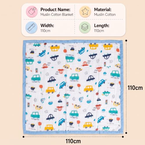 Image of StarAndDaisy Muslin Cotton Blanket 110 x 110 cm, Soft Lightweight Baby Blanket with Colorful Car Print, Breathable Muslin Wrap for Newborns, Infants and Toddlers.