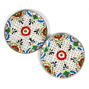 Encantada Handmade Hand-Painted Authentic Mexican Pottery, 11.75″ Dinner Plates, Dots & Flowers, Set of 2