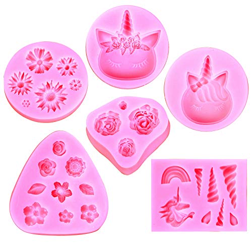 Mini Unicorn Mold,Unicorn Ears Horn Rainbow Flowers and leaf,Silicone cake fondant mold Set,Cupcake Toppers Fondant Chocolate Mold for Unicorn Theme Party and Kids Birthday(6pack)