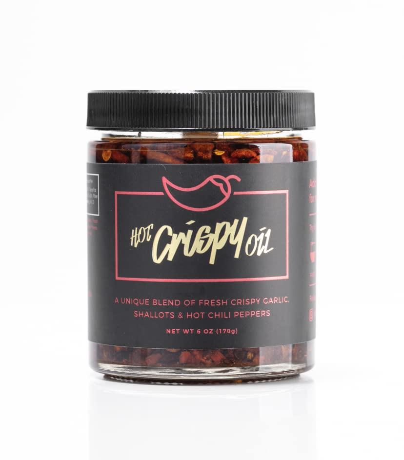 Hot Crispy Oil Original: Spicy, Savory Gourmet Blended Olive Oil Infused with Garlic, Shallots, and Chili Peppers,Chili Crisp/Chili Oil All Natural Vegan Gluten Free 6 ounce jar. Great on pizza, pasta, bread, eggs, salads and much more.