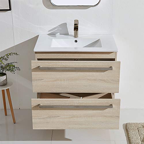 ENGELCH Modern Wall Mounted Bathroom Vanity, 29\" Greyish 2 Drawers Floating Bathroom Vanity, Storage Cabinet with White Ceramic Vessel Basin Top Vanity Sink Combo - Thumbnail 3