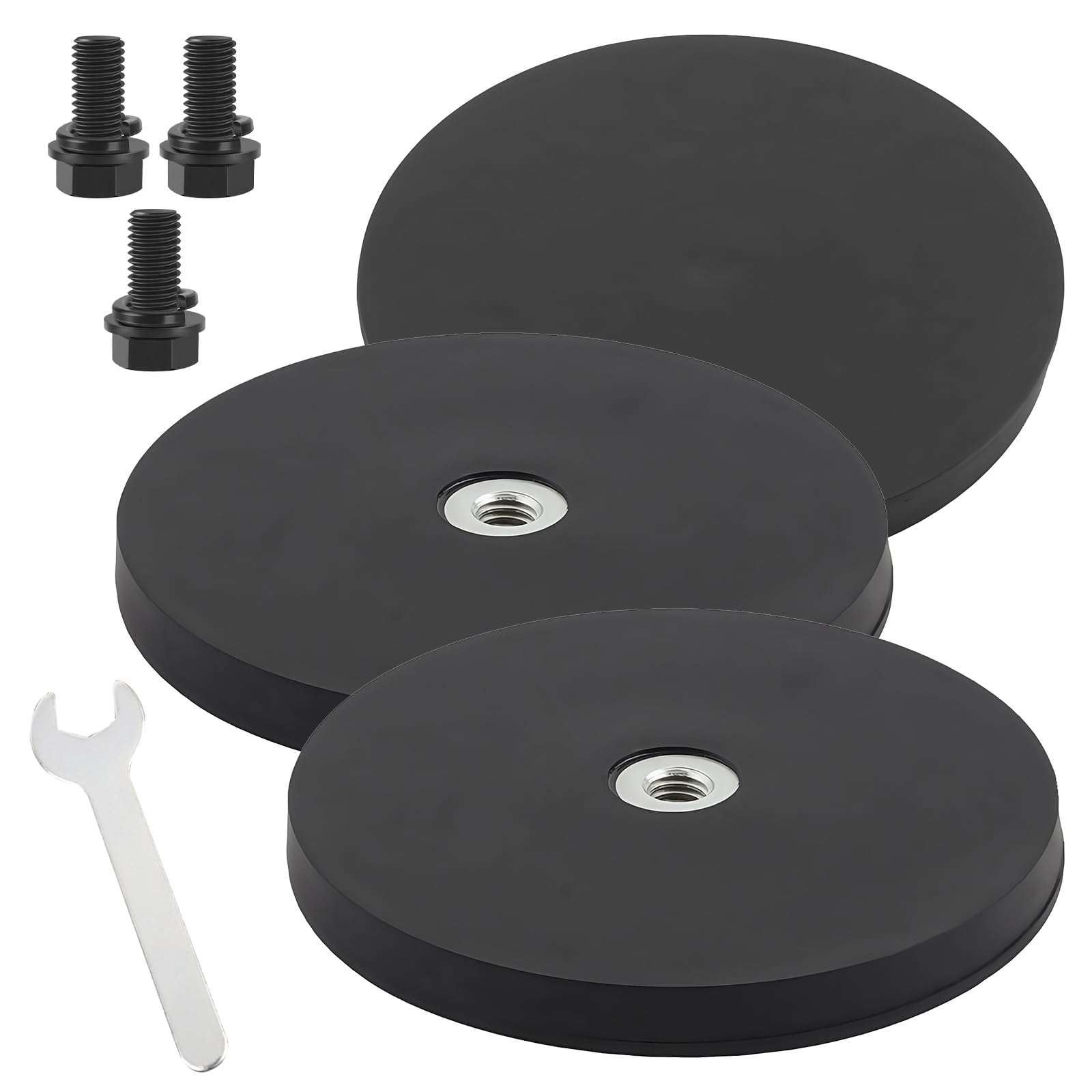 3 magneti al neodimio gommati grandi magneti forti Ø 88 mm con filettatura esterna M6 e piccola chiave esagonale, forza adesiva 30 kg, magnete avvitabile per viti occhiello o gancio