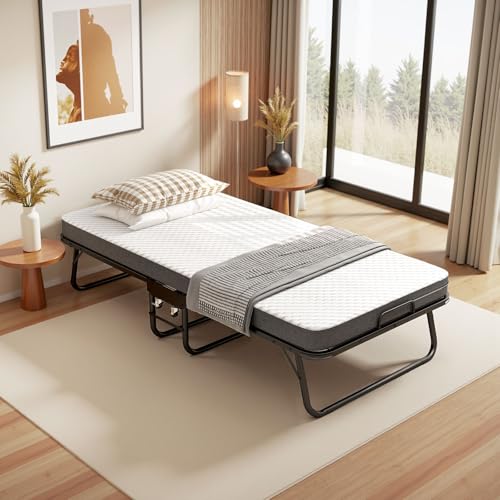Generisch Cama plegable de 90 x 190 cm con 4 ruedas, cama de invitados plegable para adultos con colchón de espuma viscoelástica de 10 cm, funda protectora para el polvo, ruedas para correr, color